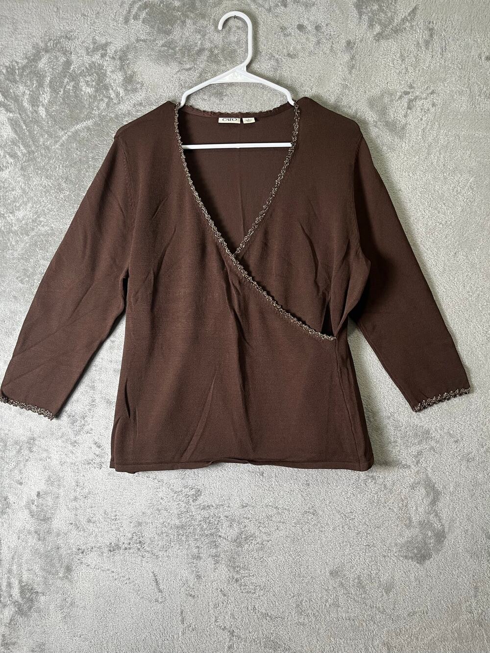 Vintage Y2K Brown Faux Wrap Top Metallic Beaded Trim 3/4 Sleeve Fairy Grunge L